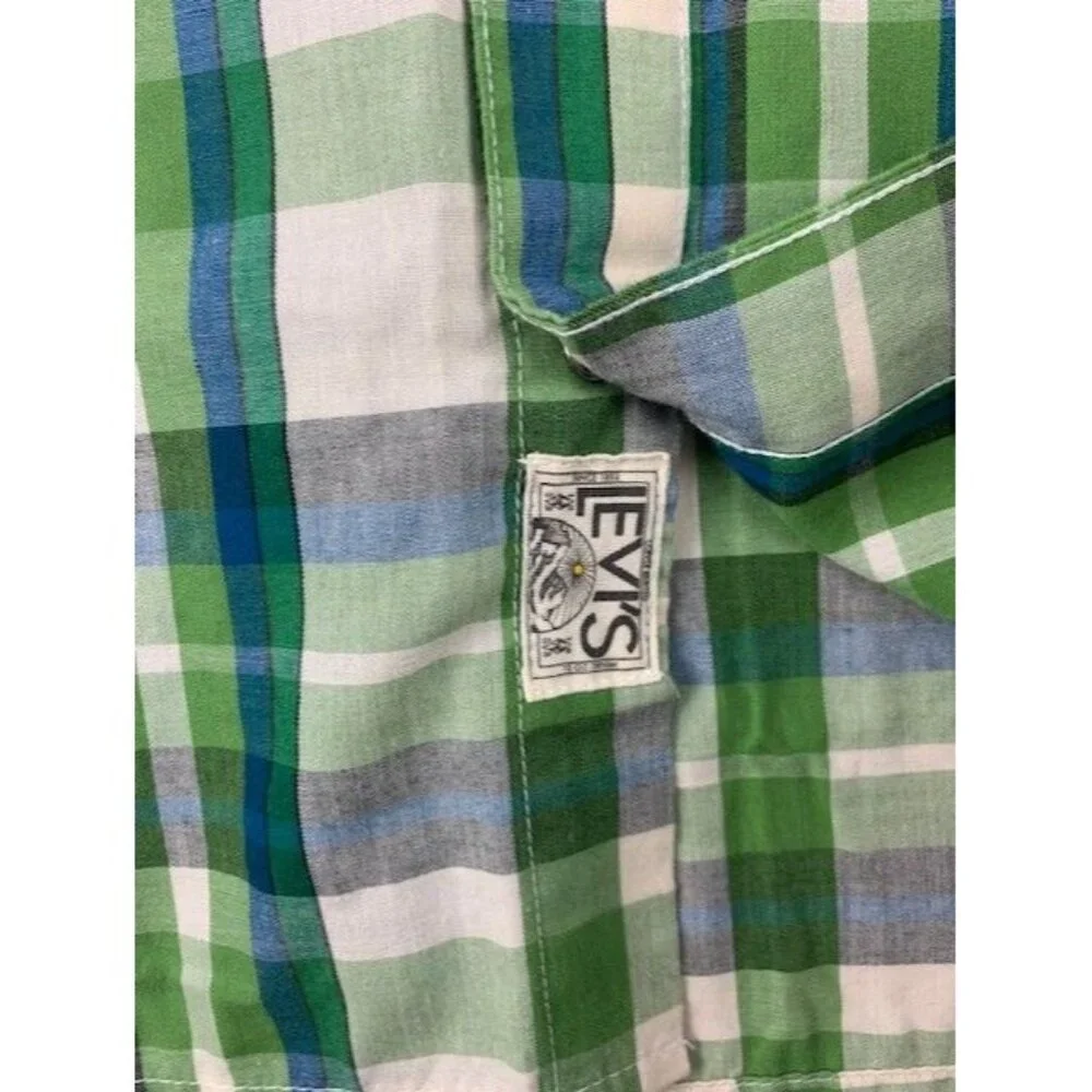 Levis Men's X-Large Plaid Button-Up Western Shirt Green‎ & Blue with Pearl Snaps